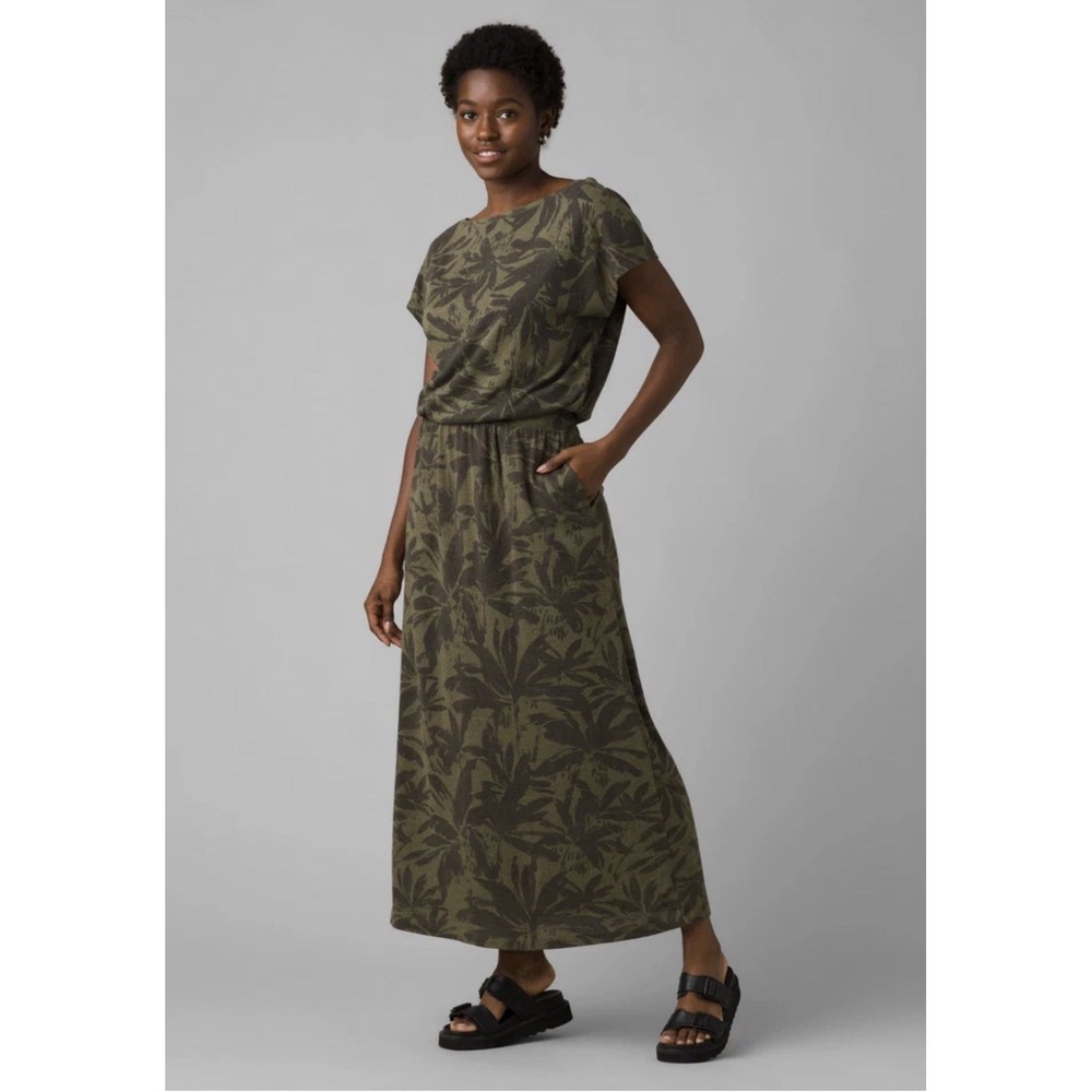 PrAna Cozy Up Skyland Olive Green Palm Branch Maxi Dress With Pockets Size S
